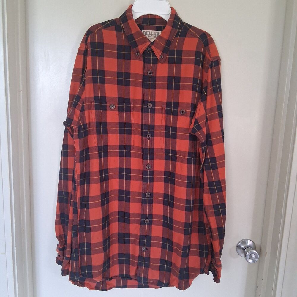 Duluth Trading Co. Flannel Button-Down Shirt M Tall Orange Navy Plaid Cozy Cabin
